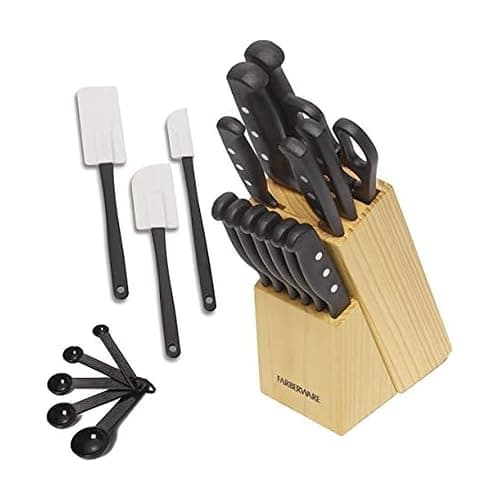 Farberware Knife Block Set 22-Piece Kitchen Knife Set with High-Carbon Stainless Steel Blades, Non-Slip Handles, Chef Knife, Santoku, Steak Knives, Scissors, Sharpening Steel, and Storage Block - Image 1