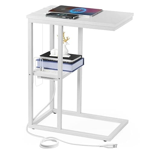 Vagusicc C Shaped End Table with Charging Station, Small Side Table for Couch, Snack Side Table with USB Ports and Outlets for Small Spaces, Slide Under Sofa Table TV Tray Arm C Table for Living Room - Image 1