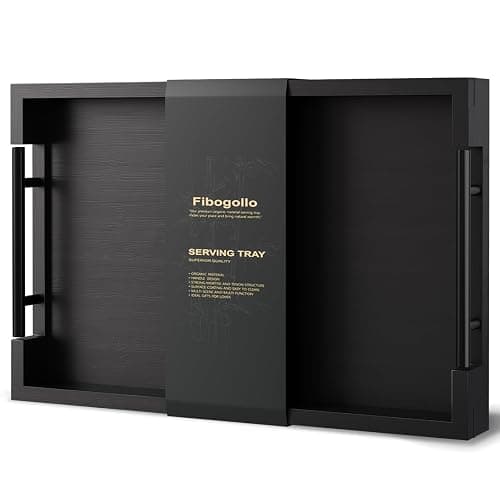 Fibogollo Bamboo Serving Tray with Metal Handles,15x10in Ottoman Decorative Trays Platter for Coffee Table,Living Room,Bar,Party,Medium(Black) - Image 1