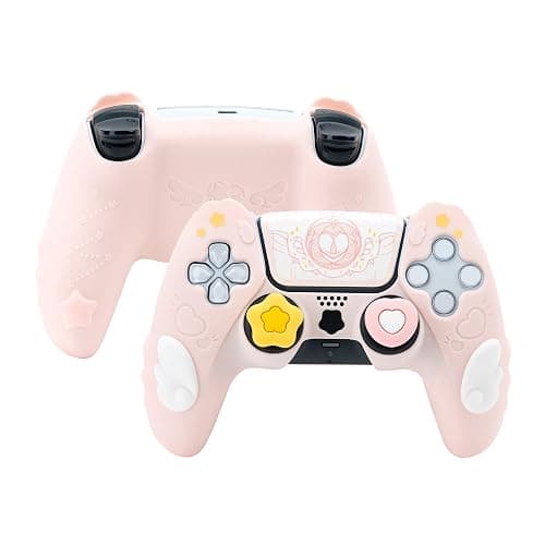 GeekShare PS5 Controller Skin Set,Silicone Protective Cover Skin Case for PS5 Wireless Controller with 2 Thumb Grip Caps and 2 Stickers - Star Wings Series (Pink) - Image 1