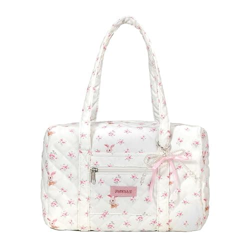 Coquette Bag with Bow Pearl Charm Floral Quilted Duffle Bag for Women Girls Small Puffer Shoulder Purse Cute Bunny Handbag for Travel, Work, School - Image 1