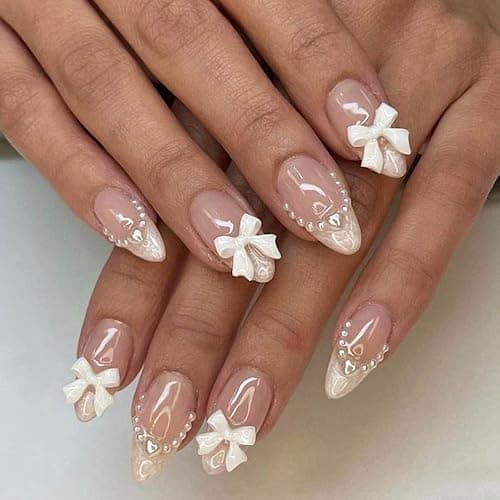 CEWEWP French Tip Press On Nails - Almond Pink Fake Nails Medium French Pearls, White Bow Nail Charms Designs - 24 Pcs - Image 1