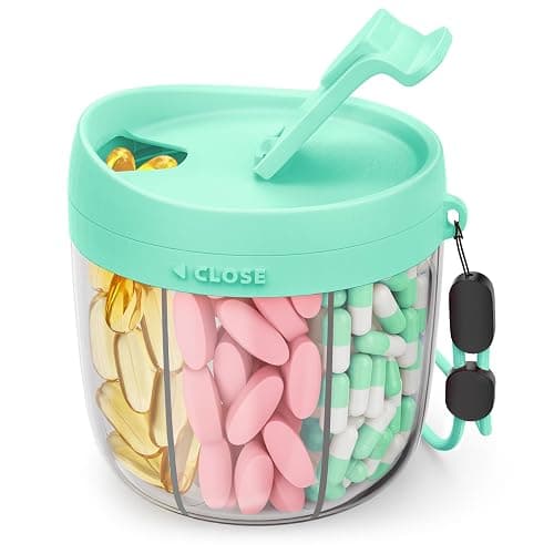 AMOOS Cute Pill Dispenser with 7 Large Compartments, Portable Pill Bottle Organizer with Wide Opening for Easy Use, Anti-Mix Pill Organizer for Travel, BPA-Free Pill Container, Green - Image 1