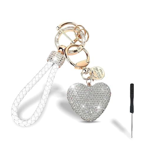 LAINLOY Sparkly Car Key Chain, Rhinestones Heart Shape Key Fob Holder for Women, Personalized Christmas Valentine's Day Presents (White) - Image 1