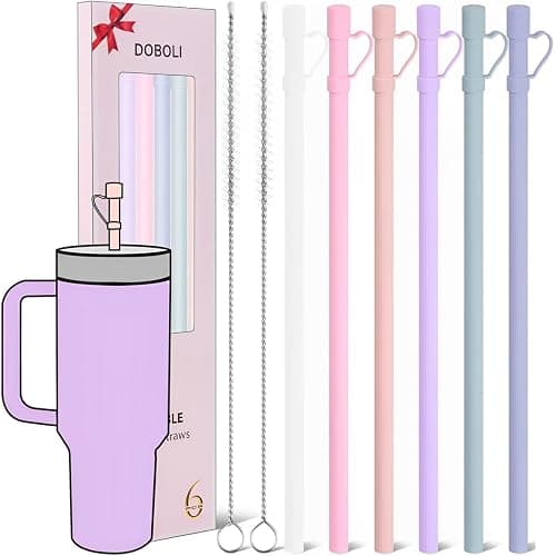 Reusable Replacement 12 inch Long Silicone Straw With Cover, Stocking Stuffers Gifts for Women Men Teens Girls Boys, Compatible with Stanley Tumbler Cup Accessorie 40 oz 30 oz (6 Pack) - Image 1