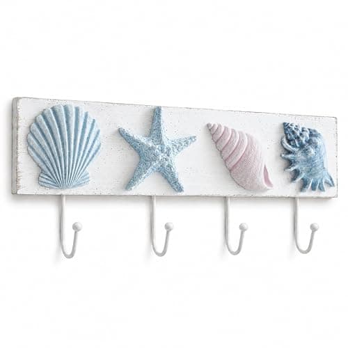 Tide and Tales Seashell Towel Rack, Beach Decor for Bathroom, Coastal Theme | 16.5", 3d Textured Seashells, 4 Strong Hooks, for Bathroom, Bedroom or Kitchen, Beach House Decor, Key Holder, Gift-Boxed - Image 1