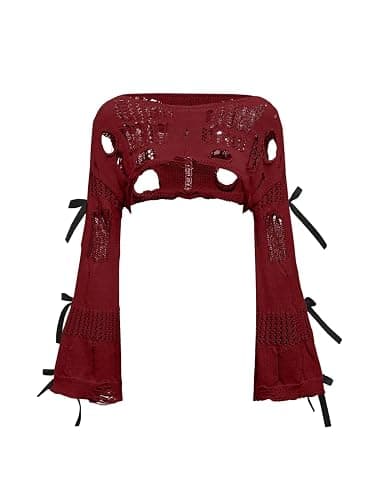 BEAUDRM Women's Gothic Crop Top Hollow Out Ripped Bow Sweater Grunge Bell Sleeve Cropped Crochet Shrug - Image 1