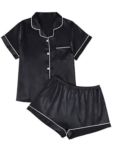 LILLUSORY Silk Satin Pajama Set for Women 2 Piece Lounge Pjs Shorts Matching Summer Sleepwear Button Down Shirt Shorts - Small - Black - Image 1