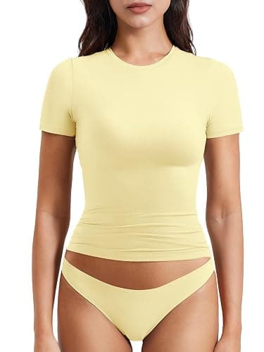 YEOREO Women Fitted Workout Tops Short Sleeve Double Lined Basic Y2K Going Out Crew Neck Compression Crop Top - Image 1