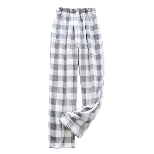 Flannel Pajama Women's Soft Fuzzy Cute Plaid Pj Pants Comfy Wide Leg Lounge Sleepwear with Pockets - A02-gray - Medium - Image 1