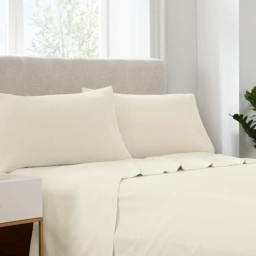 Serta Simply Clean Super Soft Hypoallergenic Stain Resistant Deep Pocket 4 Pieces Solid Bed Sheet Set, Queen, Ivory - Image 1