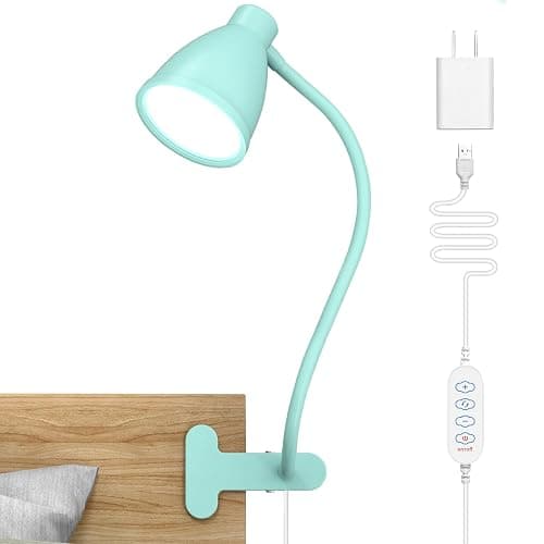 BOHON Desk Lamp with Clamp, 10W 38 LED Clip on Light, 3 Color 10 Brightness Auto Off Timer, Flexible Gooseneck Clip Lamp, Desk Lights for Office Home Bed Bedside Reading, Adapter Include, Teal - Teal - Image 1