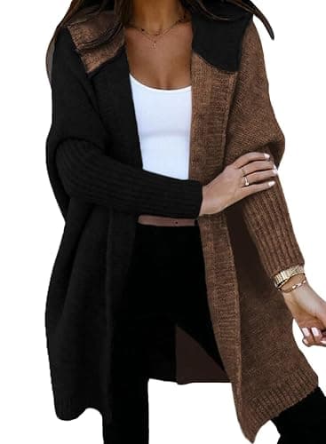 Astylish Women 2025 Fall Outfits Open Front Long Sleeve Hooded Knit Cardigan Sweaters Color Block Outwear Coats - Image 1