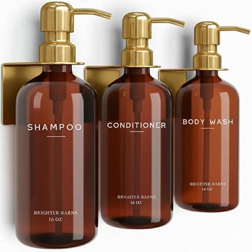 Luxury Shampoo and Conditioner Dispenser Set Wall Mounted by Brighter Barns - Plastic Shower Dispenser Set - 3 Chamber Drill Free Shampoo Bottle - Modern Bathroom Decor for Guest Bathroom (Amber Gold) - Image 1