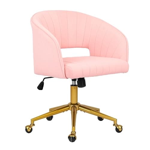 Home Office Chair Swivel Velvet Desk Chair Accent Armchair Upholstered Modern Tufted Chairs with Gold Base for Girls Women Ergonomic Study Seat Computer Task Stools for Living Room(Pink) - Image 1