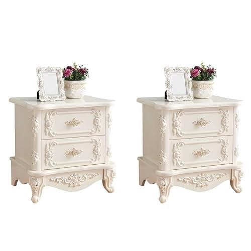 KWOKING Chic French Country Nightstand White Wood 2 Drawers Storage Elevate Bedroom Decor Bedside Table White Bedroom Wooden Bedside Table Paint Nightstands Ivory 2 Piece Set 19" L x 16" W x 19" H - Image 1