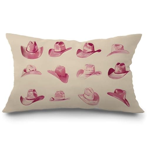 JINYO Retro Pink Cowboy Hat Western Pillow Covers 12x20 Inches, Preppy Cowgirl Pillow Covers, Preppy Cowgirl Room Decor, Pink Western Decor, Country Room Decor for Teen Girls - Cowboy Hat Western Pillow Covers - Image 1