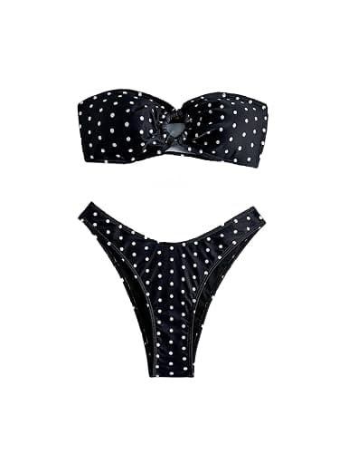 GORGLITTER Women's Polka Dots Bandeau Bikini Set Strapless Ring Linked Top High Cut 2 Piece Vintage Summer Swimsuits - Image 1