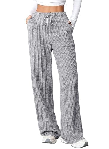 Aleumdr Womens Ribbed Wide Leg Lounge Pants with Pockets Casual Relaxed Comfy Loose Soft Knit Pajama Pants with Drawstring - Image 1