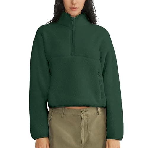 Keeliya Womens Fleece Sweatshirts Cropped Half Zip Fuzzy Warm Sherpa Pullover Varsity Jackets with Zipper Pockets - Image 1