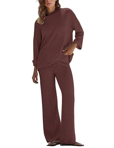 IQSQSQ Women's 2 Piece Sweater Set Long Sleeve Knit Top Wide Leg Pants Spring Fall Winter Casual Lounge Outfit - Image 1