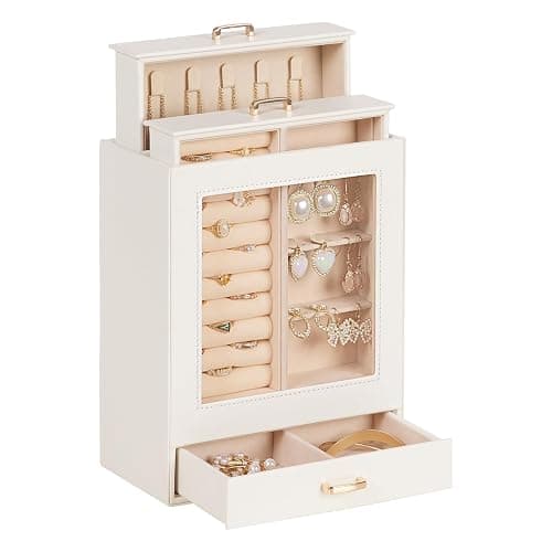 Homde Jewelry Organizer Girls Women Jewelry Box for Necklaces Rings Earrings Gift Bracelets Storage Case (White + Gold) - Image 1