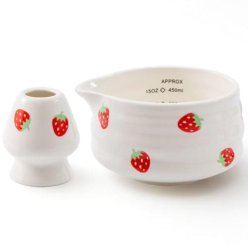 YumiPLUS 2pcs Matcha Bowl with Whisk Holder, Ceramic Matcha Bowl with Spout, 16.5OZ Porcelain Bowl with Measurement Marks, Tea Mixing Bowl with Whisk Stand, Matcha Gift Set (strawberry) - Image 1