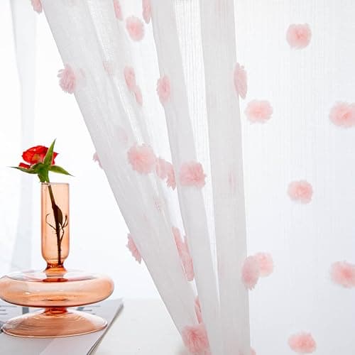 MYSKY HOME Pom Pom Sheer Curtains for Girls Bedroom Pink Curtains for Nursery 84 Inch Long Living Room Curtains 2 Panels Light Filtering Rod Pocket Semi Window Drapes 52 x 84 inch - 52"W x 84"L (Pack of 2) - Pink Pom Pom - Image 1
