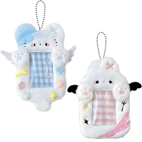 2 Pieces Kitten & Rabbit Plush Badge Holders with Wings | Photocard Display Case | Protective Sleeves for Bus, ID, and Student Cards | Cartoon Animal Design with Clear Window - Image 1