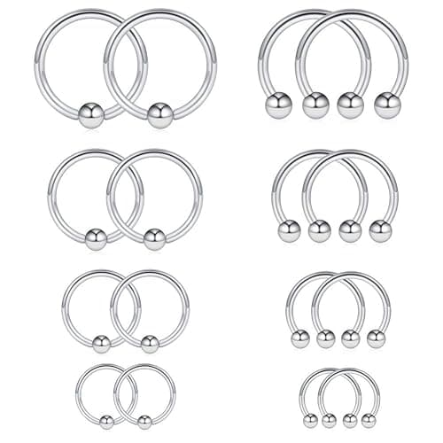 Ruifan 16-24PCS 16G Surgical Steel Horseshoe & Captive Bead Nose Hoop Septum Earring Eyebrow Tongue Lip Nipple Helix Tragus Piercing Jewelry Rings 6-16mm - Image 1
