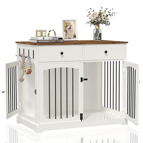 BREEZEHEAT 40 inch Dog Crate Furniture-Farmhouse Dog Kennel with Drawers-End Table Wooden Pet Crate, Double Door Design, Decorative Dog House Indoor for Small Medium Large Dog, White - Image 1