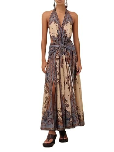 Women's French Style Vintage Sexy Backless Halter Neck Tie-up Printed Bohemian Ethnic Style Long Dresses (Vintage,Small) - Image 1