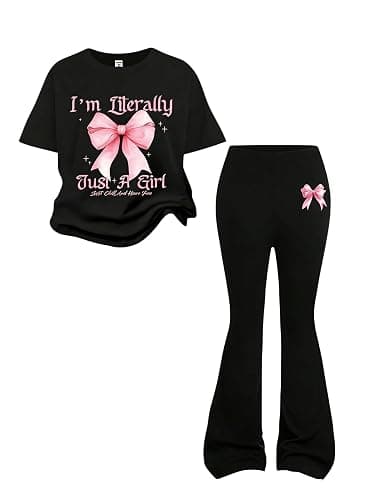 Alopncy Tween Girls 2PCS Outfit Set 8-13Y Crop Top & Flare Pants with Bowknot and Heart Print Casual Girl Clothes - Image 1