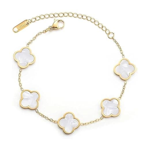 GRBeid double sided 18K Gold Plated Clover Bracelet for Women, Dupe Four Leaf Flower Lucky Chain Bangle, Cute Jewelry Gift for Her Mom Wife - Image 1
