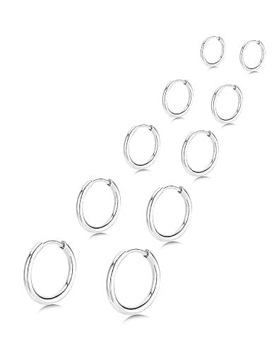 5 Pairs Small Huggie Hoop Earrings for Women, Stainless Steel Lightweight Hypoallergenic Silver/Gold Earrings for Sensitive Ears, Stackable Cartilage Hoop, Minimalist Everyday Jewelry (6/8/10/12/14mm) - Image 1