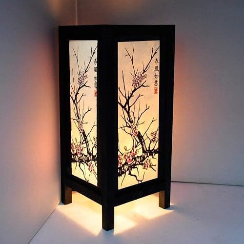 RED BERRY THAILAND LANNA LAMP-Cherry Blossom Japanese Oriental Lamp, Handmade 11" Wood Table Lamp, Asian Vintage Lighting for Home Décor GW45 - Image 1