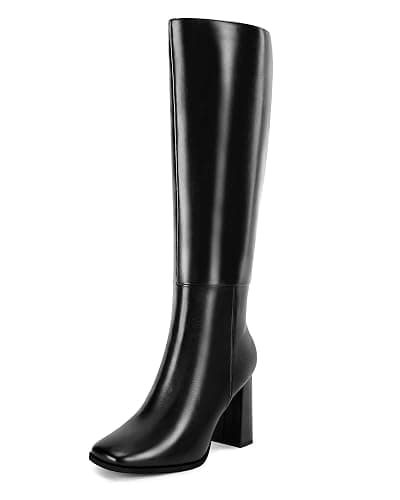 Coutgo Womens Wide Calf Knee High Boots Chunky High Heel Square Toe Fashion Leather Shoes with Side Zipper - Image 1