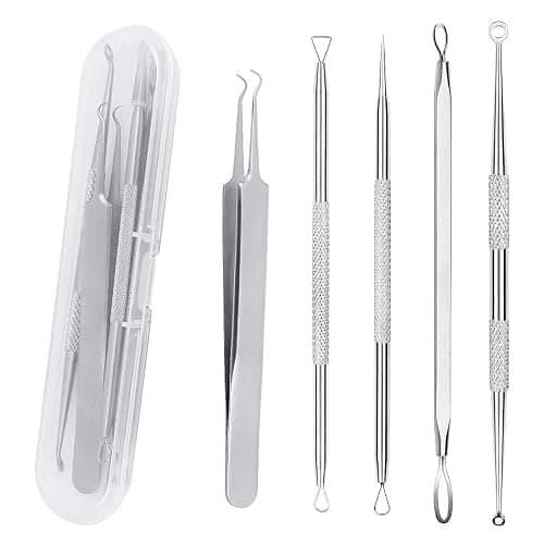 5PCS Blackhead Remover Tool Set Acne Extractor Comedone Pimples Spot and Zit Removal Tool With Case (Silver) - Image 1