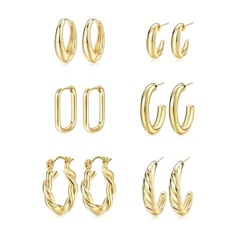 Hoop Earrings Set for Women, 6 Pairs 14K Gold Plated Lightweight Hypoallergenic Chunky Open Twisted Hoops Earrings Pack Jewelry - Image 1