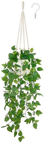 Mkono Fake Hanging Plant with Pot, Artificial Plants for Home Decor Indoor Macrame Plant Hanger with Fake Vines Greenery for Bedroom Bathroom Kitchen Office Decor, Ivory (Pothos) - Image 1