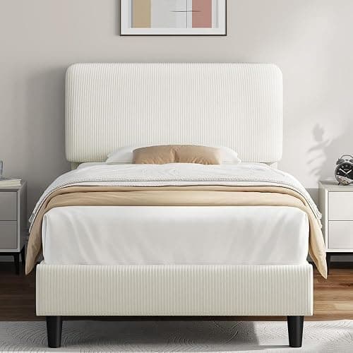 Yaheetech Twin Bed Frames with Adjustable Headboard, Chenille Fabric Upholstered Headboard/Platform Bed, Twin Size Bed Frame No Box Spring Needed/Mattress Foundation/Wood Slats Support/Easy Assembly - Image 1