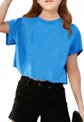 Girls Short Sleeve Crop Tops Kids Fashion Oversized Cute Crew Neck Cropped Athletic T Shirts Trendy Boxy Tee - Lake Blue - 13-14 Years - Image 1