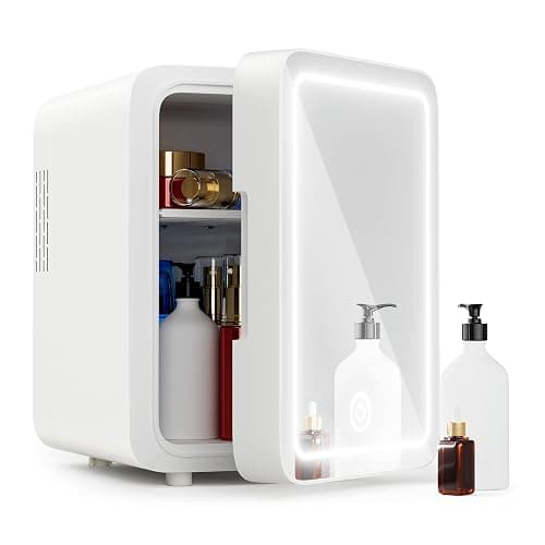 Easy-Take Skincare Fridge - Mini Fridge with Dimmable LED Mirror (4 Liter/6 Can), Cooler and Warmer, for Skincare and Food, Mini Fridge for Bedroom, Office and Car, White - Image 1