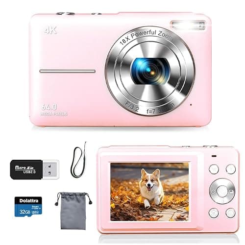 4K Digital Camera for Photography, 64MP Autofocus Vlogging Cam for YouTube, Anti-Shake, 3.0'' LED Screen, 18X Zoom, Pink Point and Shoot Digital Camera for Teens Adult Beginner, 32GB TF Card - Image 1