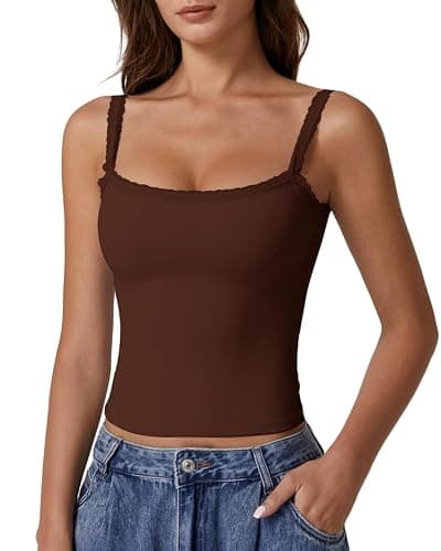 QINSEN Womens Square Neck Lace Trim Tank Top Double Lined Slim Fitted Y2k Going Out Camisole Shirts - Image 1