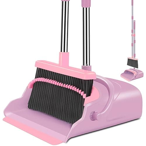 kelamayi Broom and Dustpan Set for Home, Office, Indoor&Outdoor Sweeping, Stand Up Broom and Dustpan (Pink) - Image 1