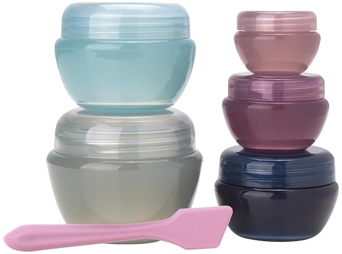 Bliss Travel Containers - 5 Pack Leak Proof Tapered Jar Set with Lid and Spatula - Small Travel Containers for Creams, Lotions, Vitamins, and Small Jewelry, Multi - Image 1
