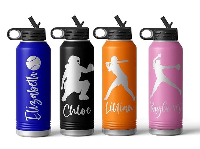 Personalized Softball Water Bottle - 20oz, 32oz, 40oz Stainless Steel - Engraved Free with Your Image and Text - Perfect for Softball, Fastpitch, Workout, and Sports - Image 1