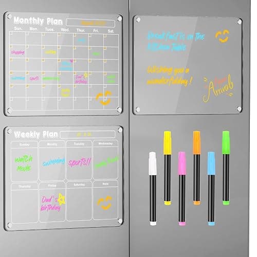 Planning Pads 3Pcs Acrylic Magnetic Dry Erase Calendar for Fridge, 2025 Clear Acrylic Calendar Planning Board Set Magnetic Weekly Monthly Planner Menu for Refrigerator with 6 Highlight - MTH+WK+MEMO - Image 1