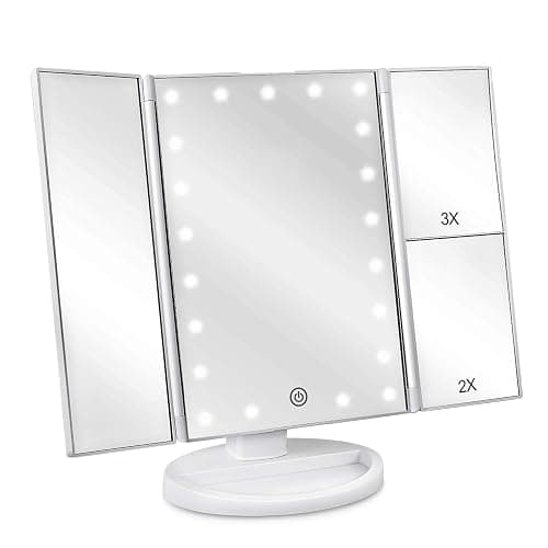 deweisn Floor Mount Tri-Fold Lighted Vanity Mirror with 21 LED Lights, Touch Screen and 3X/2X/1X Magnification, Two Power Supply Modes Make Up Mirror,Travel Mirror - Image 1